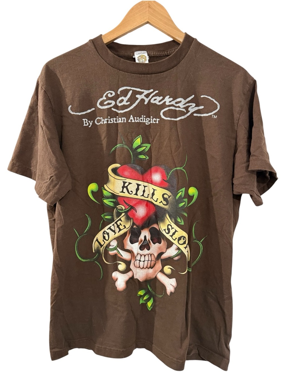 Ed Hardy Christian Audigier Brown Love Kills Slowly Skull T-Shirt